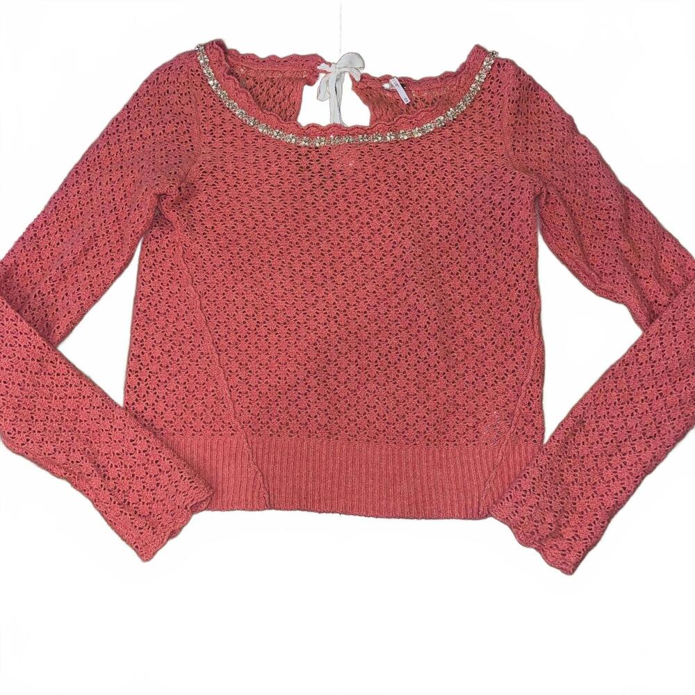 Free People Coral Crochet Knit Sweater Beaded Keyhole Bow XS Boho Fairy